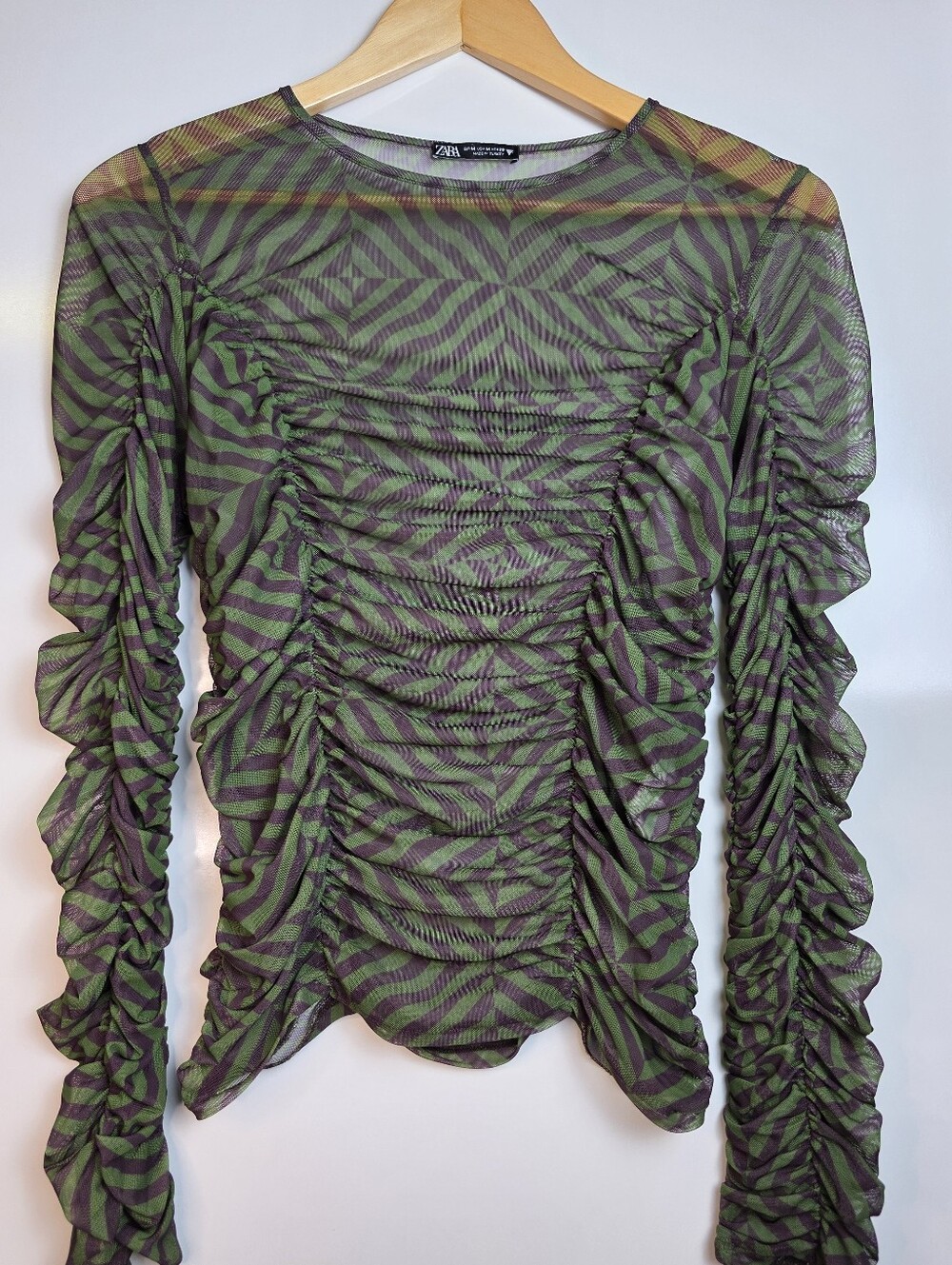 Zara Ruched Stretchy Mesh Optical Print Long Sleeve Top Green Black Size M Y2K